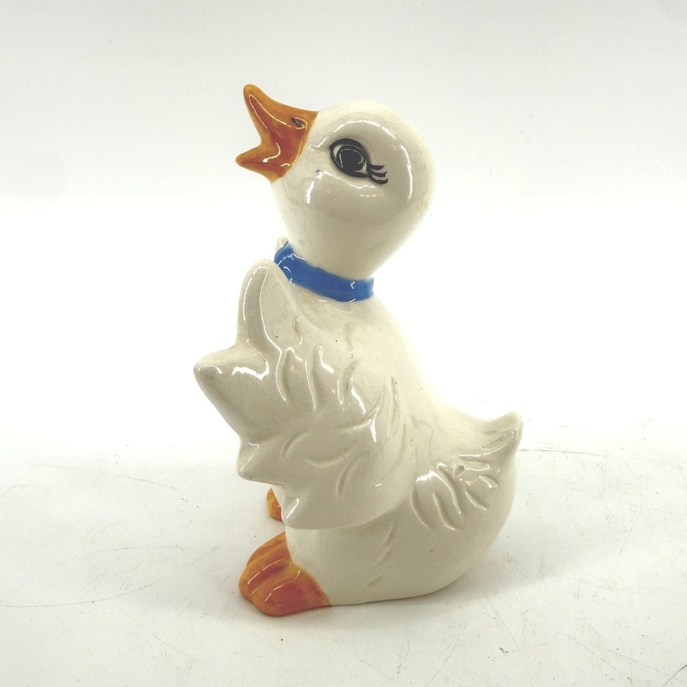 Ceramic Duck Figurine‎ Small White Blue Bow Tie Vintage Kitsch Baby Goose 9.5"